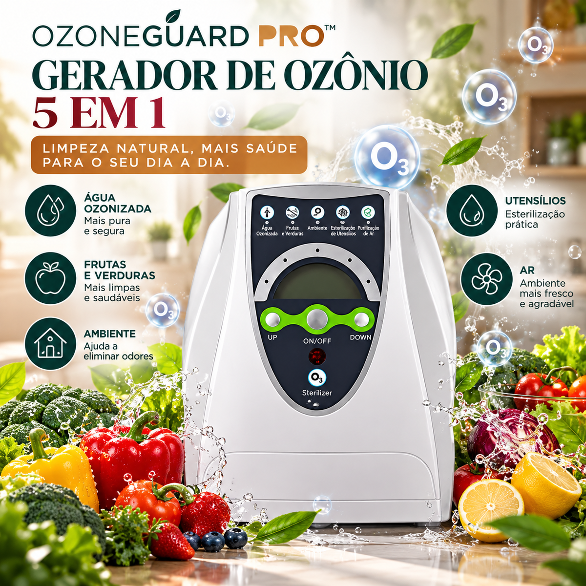 OzoneGuard Pro™ - Gerador de Ozônio 5 em 1 | Higienização Natural de Alimentos e Ambientes