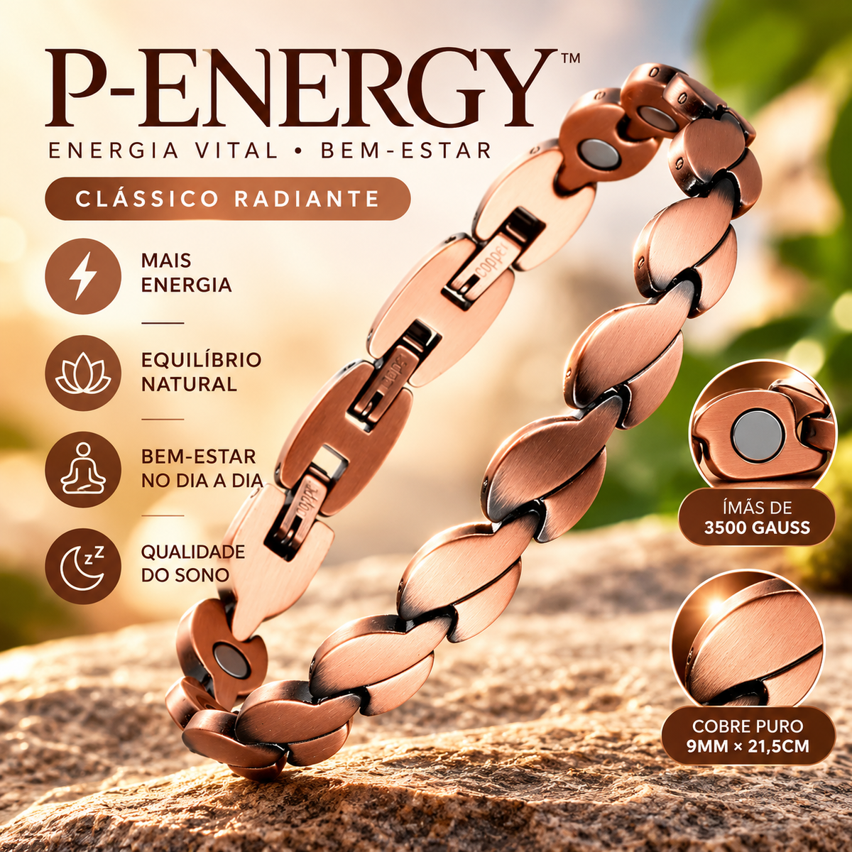 P-Energy - Bracelete Biomagnético de Cobre | Energia Vital e Beleza Natural