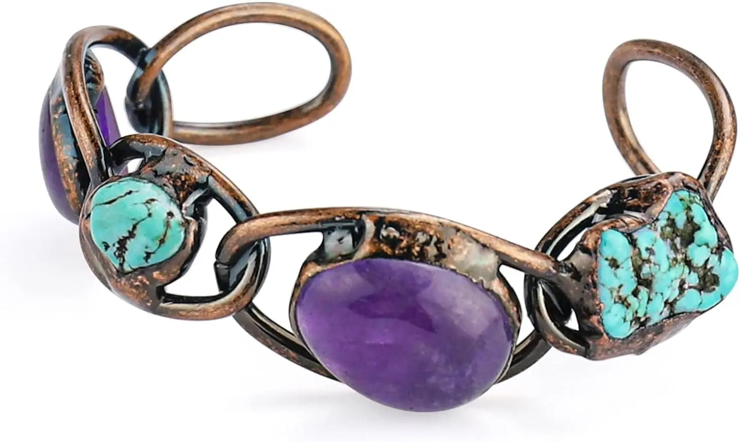AmethystFlow™ - Bracelete Artesanal de Cobre com Ametista e Turquesa | Joia Exclusiva de Colecionador