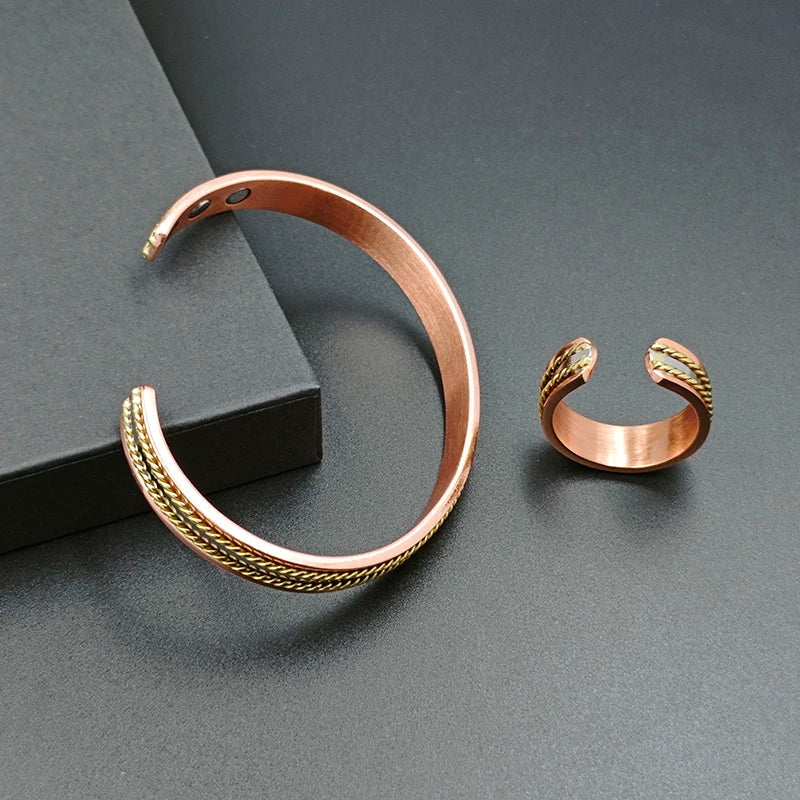 Conjunto de Cobre com Magnetoterapia | Bracelete e Anel Ajustável - MagnetiFlow™