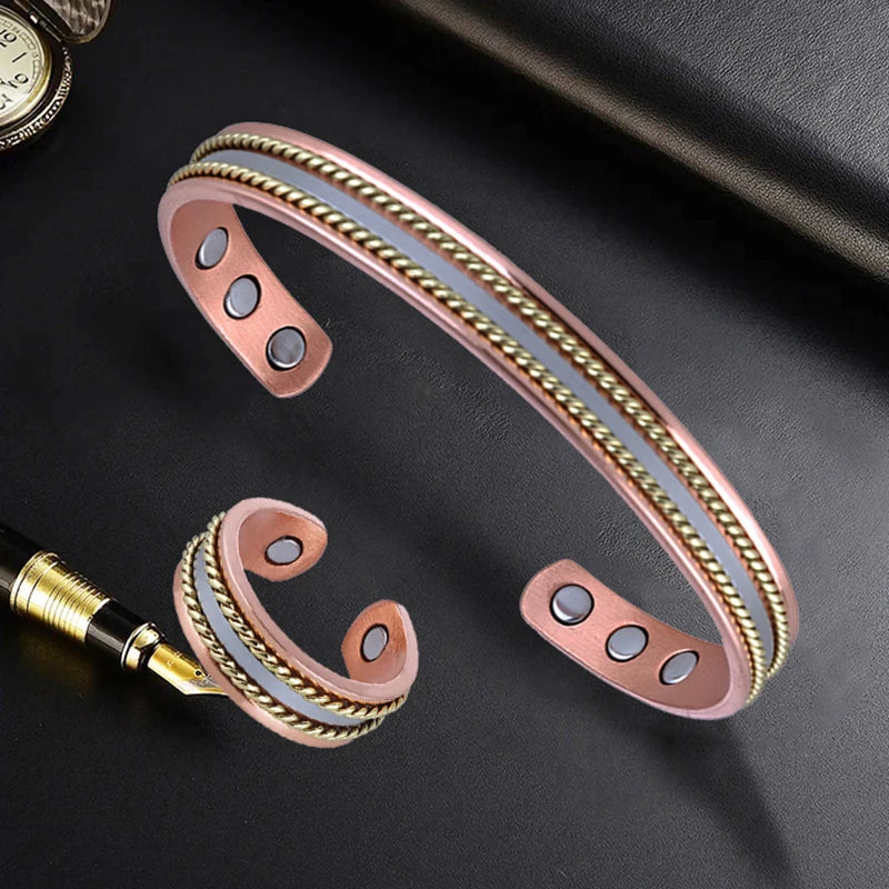 Conjunto de Cobre com Magnetoterapia | Bracelete e Anel Ajustável - MagnetiFlow™