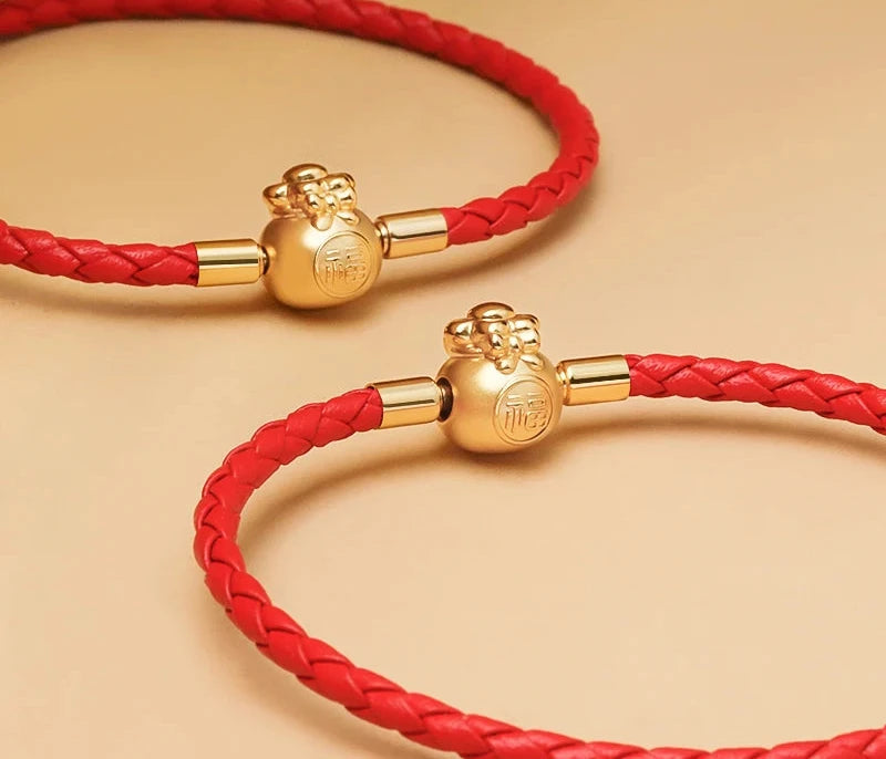 FúFlow™ - Pulseira Talismã de Prosperidade 福 | Couro Trançado e Banho Ouro 18K